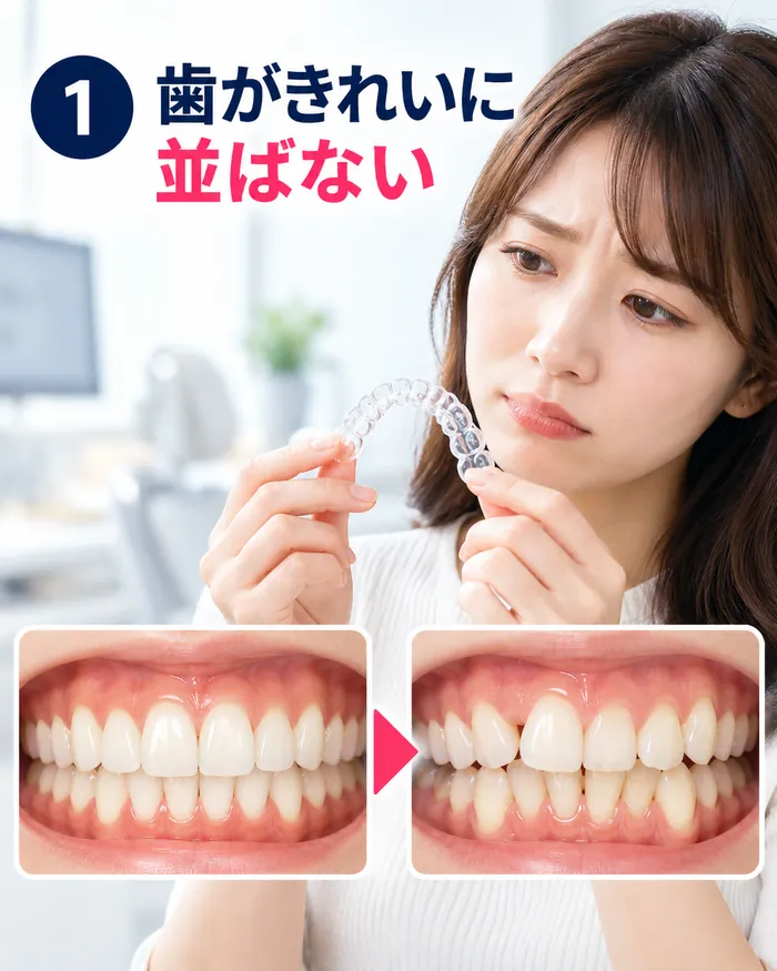 マウスピース矯正で歯がきれいに並ばない失敗例 マウスピース矯正で歯がきれいに並ばず、計画どおりに動かなかった歯並びを気にする女性(イメージ)