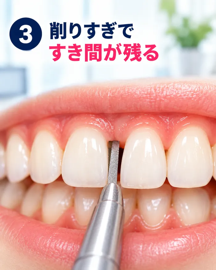 IPRの削りすぎで歯にすき間が残る失敗例 IPR(歯と歯の間を削る処置)で削りすぎ、前歯にすき間が残る様子(イメージ)