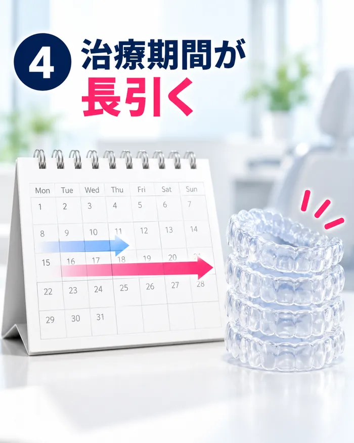 マウスピース矯正の治療期間が長引く失敗例 カレンダーと積み重なったマウスピースで表した、マウスピース矯正の治療期間が延びるイメージ