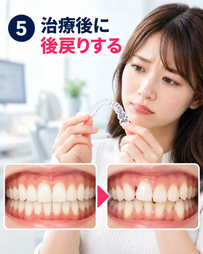マウスピース矯正後に歯が後戻りする失敗例 マウスピース矯正の終了後に歯が元の位置へ後戻りした歯並びを気にする女性(イメージ)