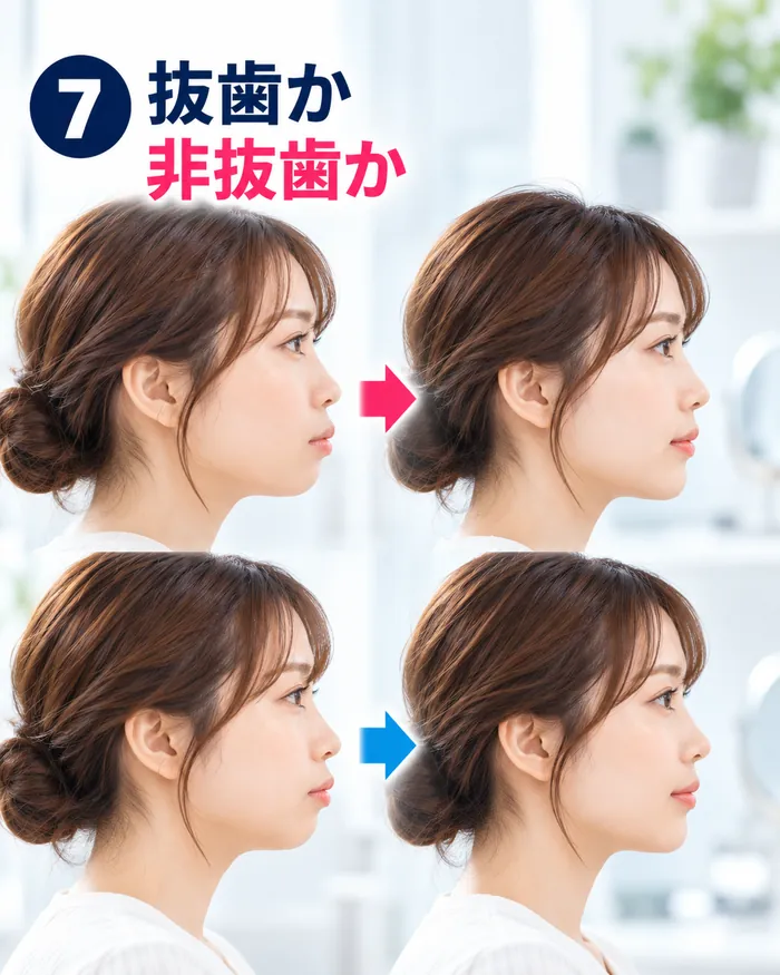 抜歯矯正と非抜歯矯正の違い(横顔の変化) 抜歯矯正と非抜歯矯正で、横顔(口元)の見え方がどう変わるかを比べたイメージ